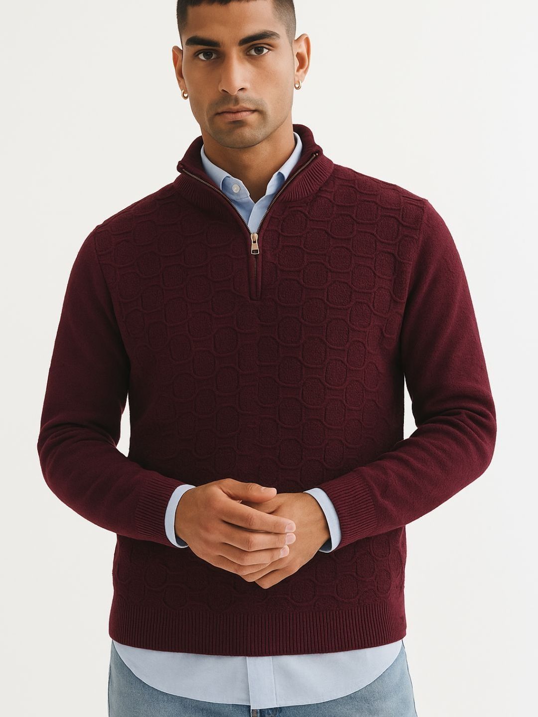 ARMISTO Burgundy Woollen Cable Knit Zip Sweater-picture-13