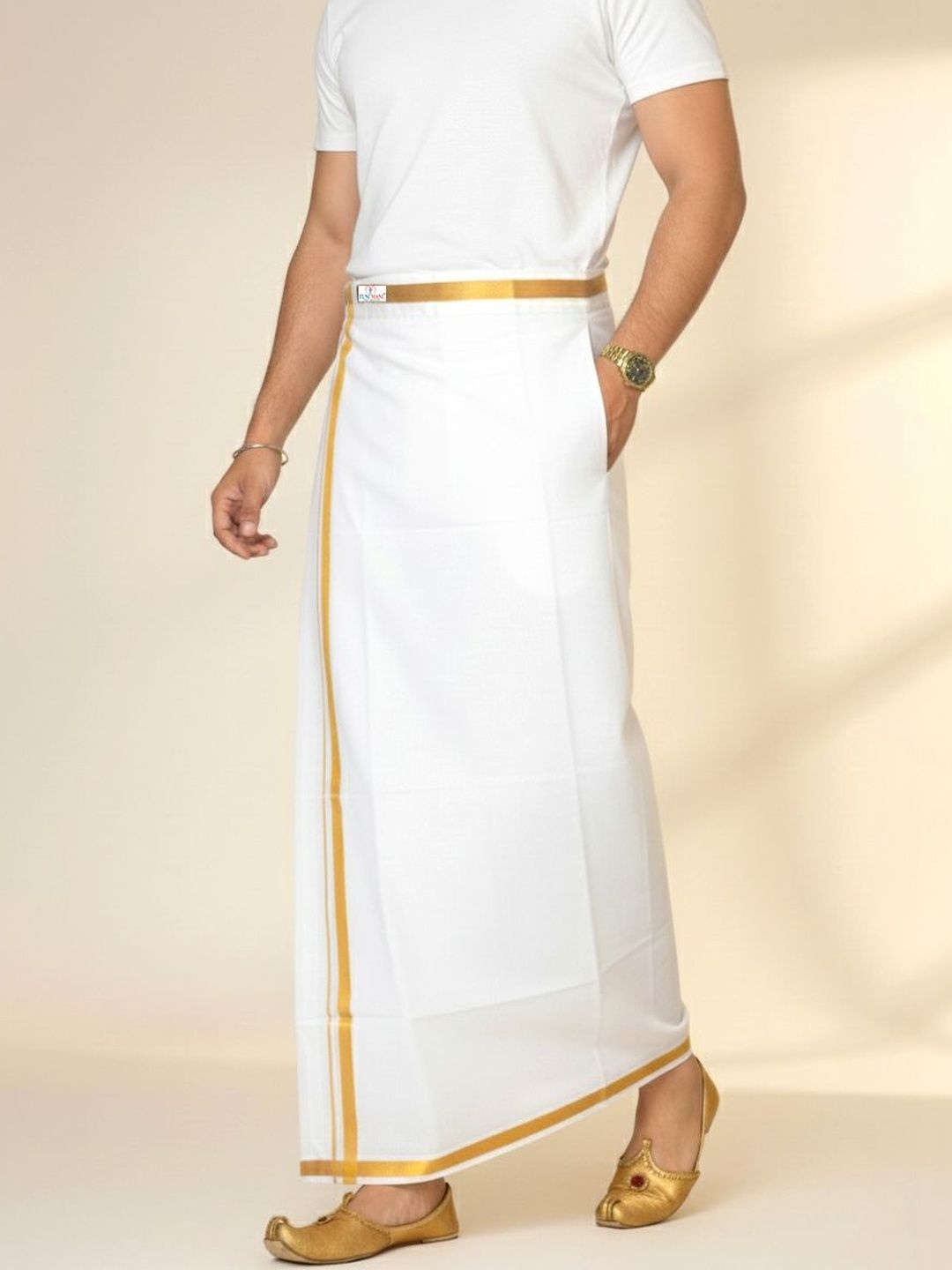 TUNI MANI Men Solid Zari Detail Double Layer Velcro Cotton Dhoti