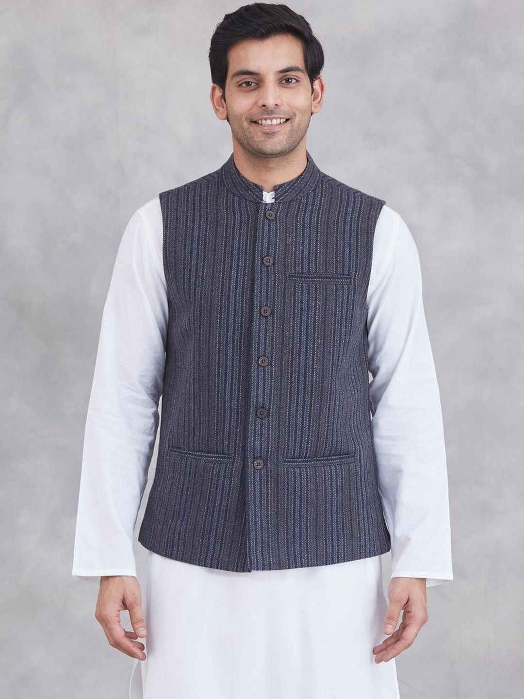 Fabindia Striped Woolen Woven Nehru Jacket-picture-32