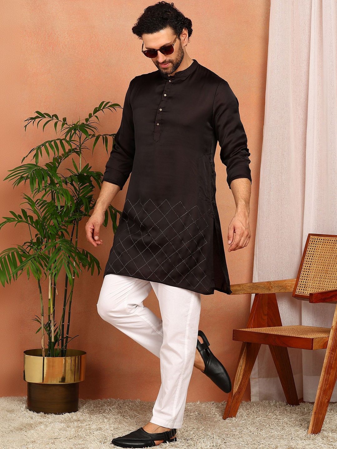 House of Pataudi Woven Design Mandarin Collar Above Knee Straight Kurtas-picture-13
