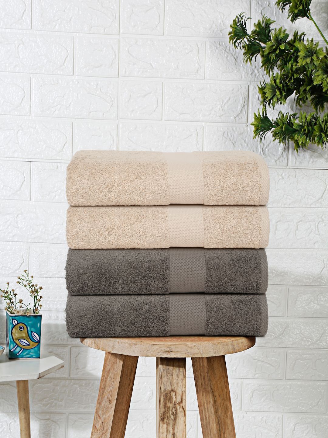 Mulberry Living Cream-Coloured & Charcoal 4 Piece Terry Cotton 550 GSM Towel Set-picture-30