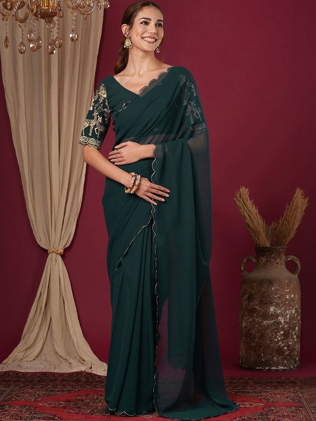 SANISA Ethnic Motifs Embroidered Poly Georgette Saree-picture-25