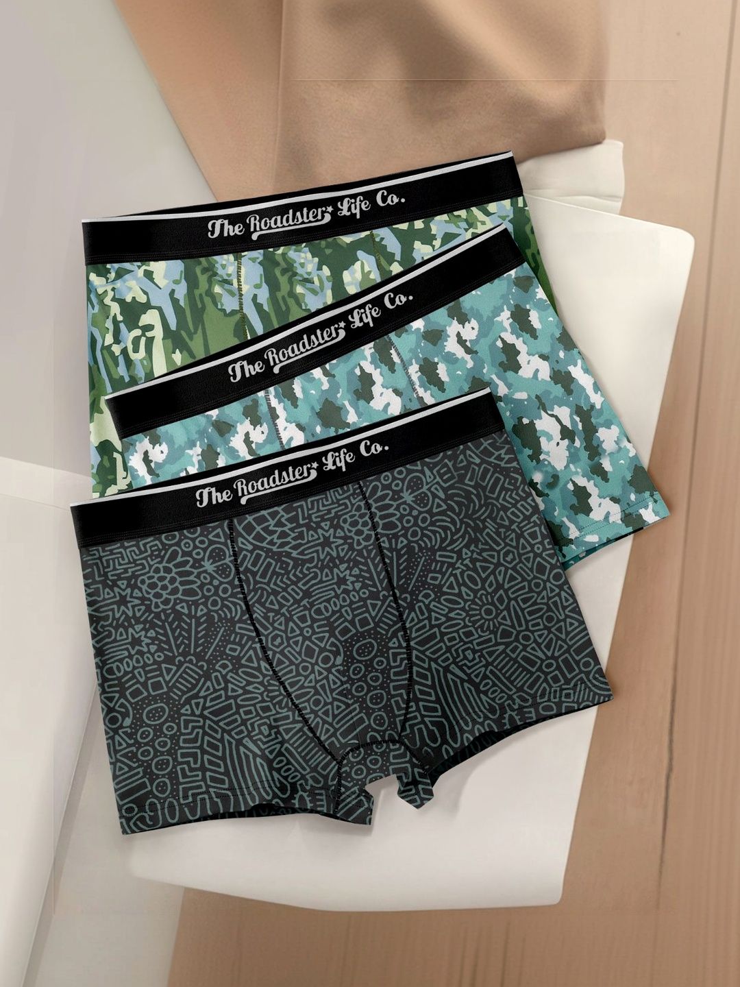 The Roadster Lifestyle Co Pack Of 3 Printed Mid Rise Short Trunks