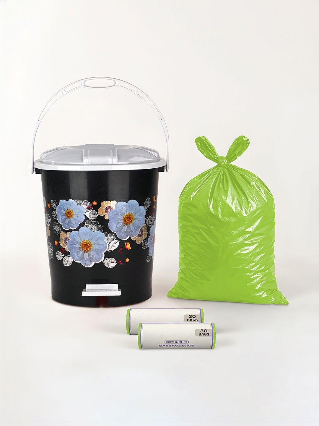 Kuber Industries White & Green Printed Pedal Dustbin With 2 Roll Garbage Bags - 10L-picture-37