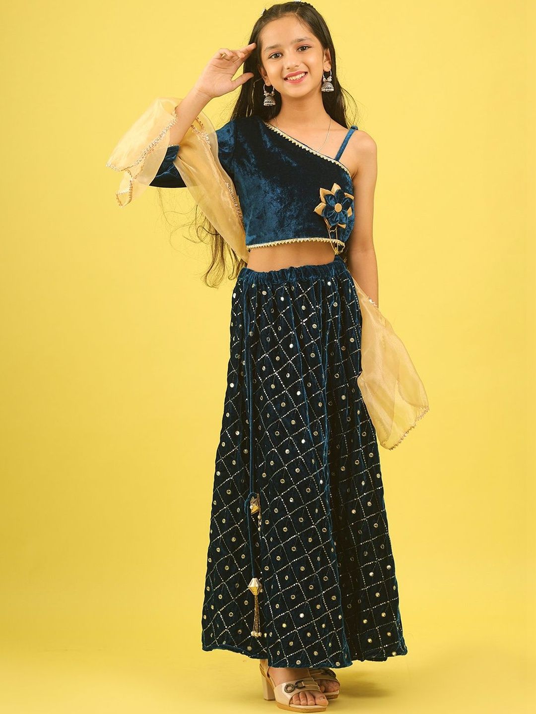 Sangria Girls Embellished Velvet One Shoulder Flared Lehenga Choli-image-26