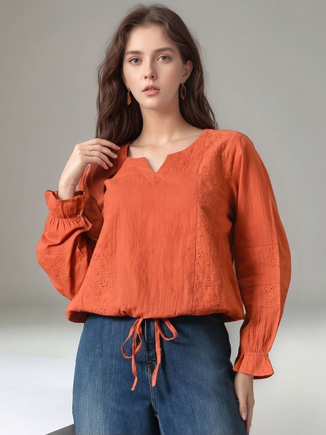The Roadster Lifestyle Co Embroidered Pure Cotton Keyhole Neck Shirt Style Tops-picture-39