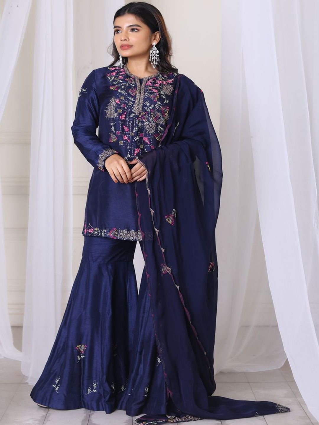 SAMAD ATELIER Hand Embroidered Navy Blue Kurta With Gharara & Duppata-image-48