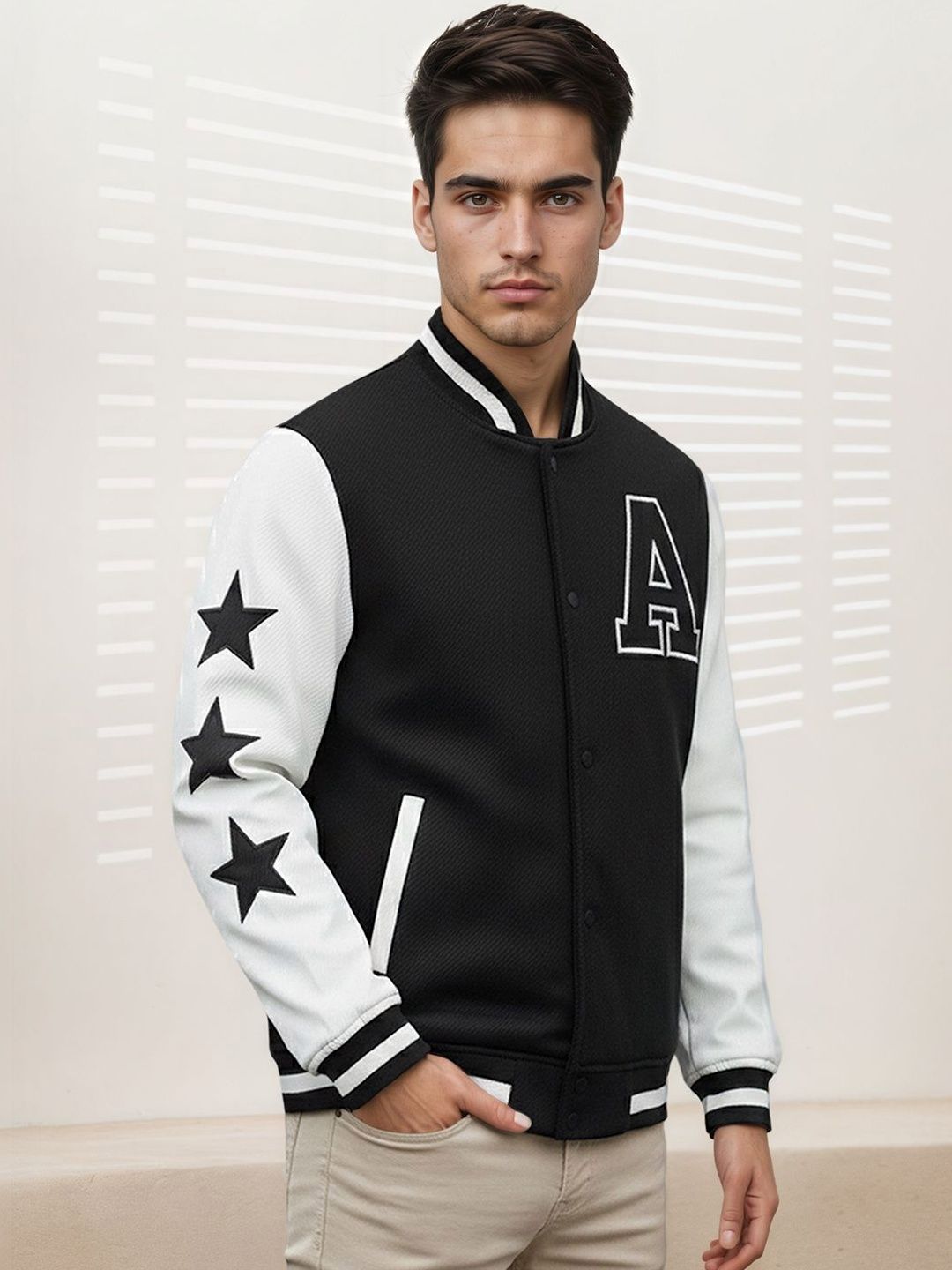 Mast & Harbour Men Brand Logo Colourblocked Woollen Varsity Jacket with Embroidered-picture-33