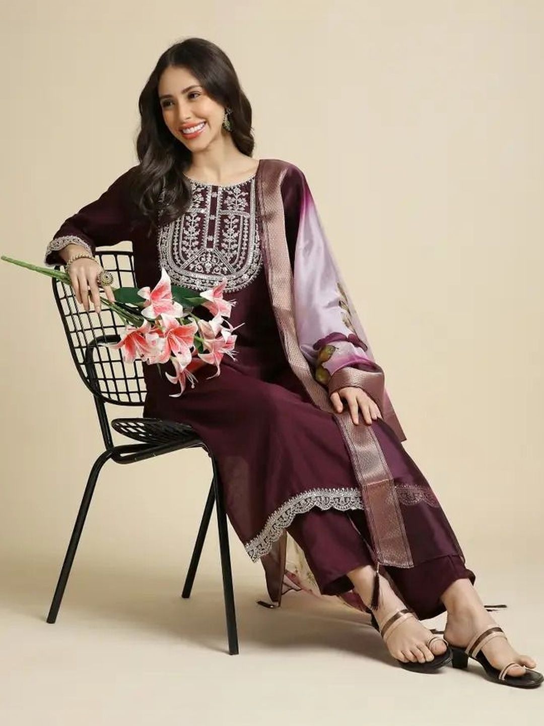 ADHIRITI Women Ethnic Motifs Embroidered Regular Thread Work Kurta with Trousers & With Dupatta-picture-38