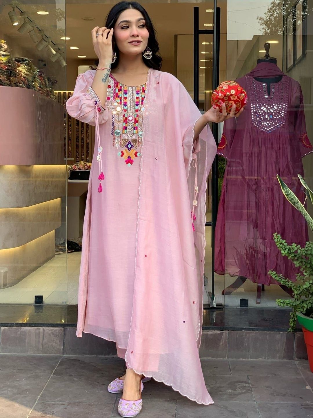 C J Enterprise Women Ethnic Motifs Embroidered Regular Mirror Work Kurta with Trousers & With Dupatta-picture-33