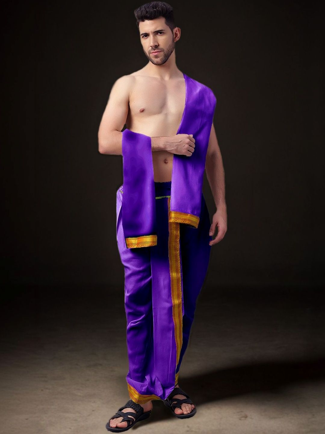 Spewim Men Solid Cotton Dhoti Pant with Shawl-image-41
