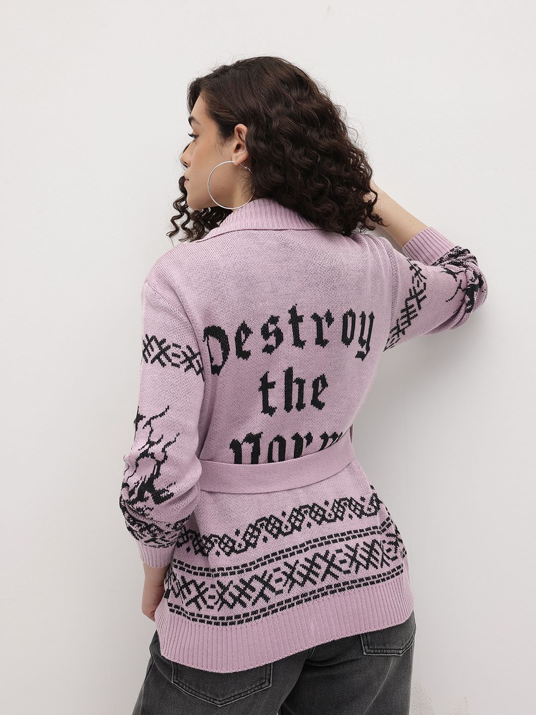 The Roadster Life Co. Geometric Self Design Cardigan with Belt-picture-30
