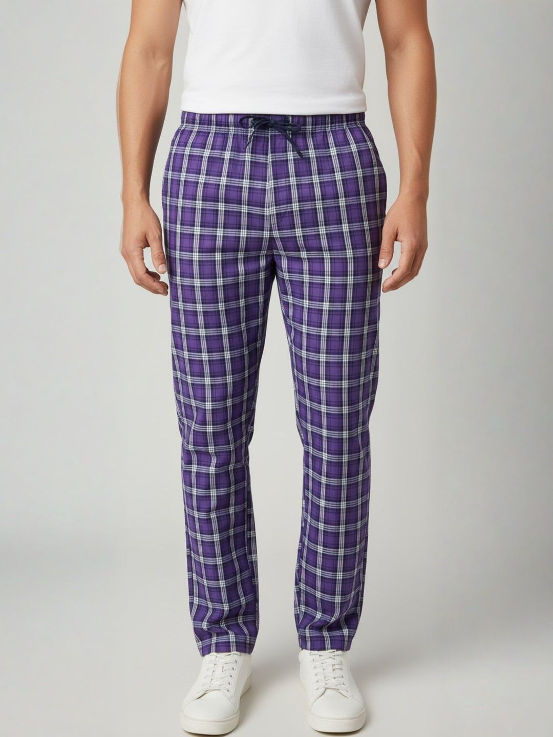 Twist99 Men Plus Size Checked Pure Cotton Inner Elastic Lounge Pants-image-41