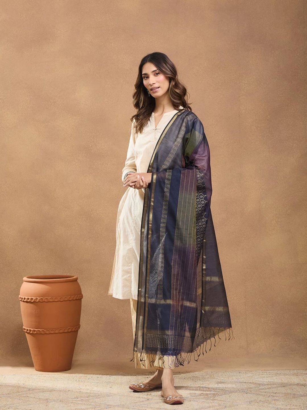 Fabindia Ethnic Motifs Printed Cotton Silk Dupatta-picture-25