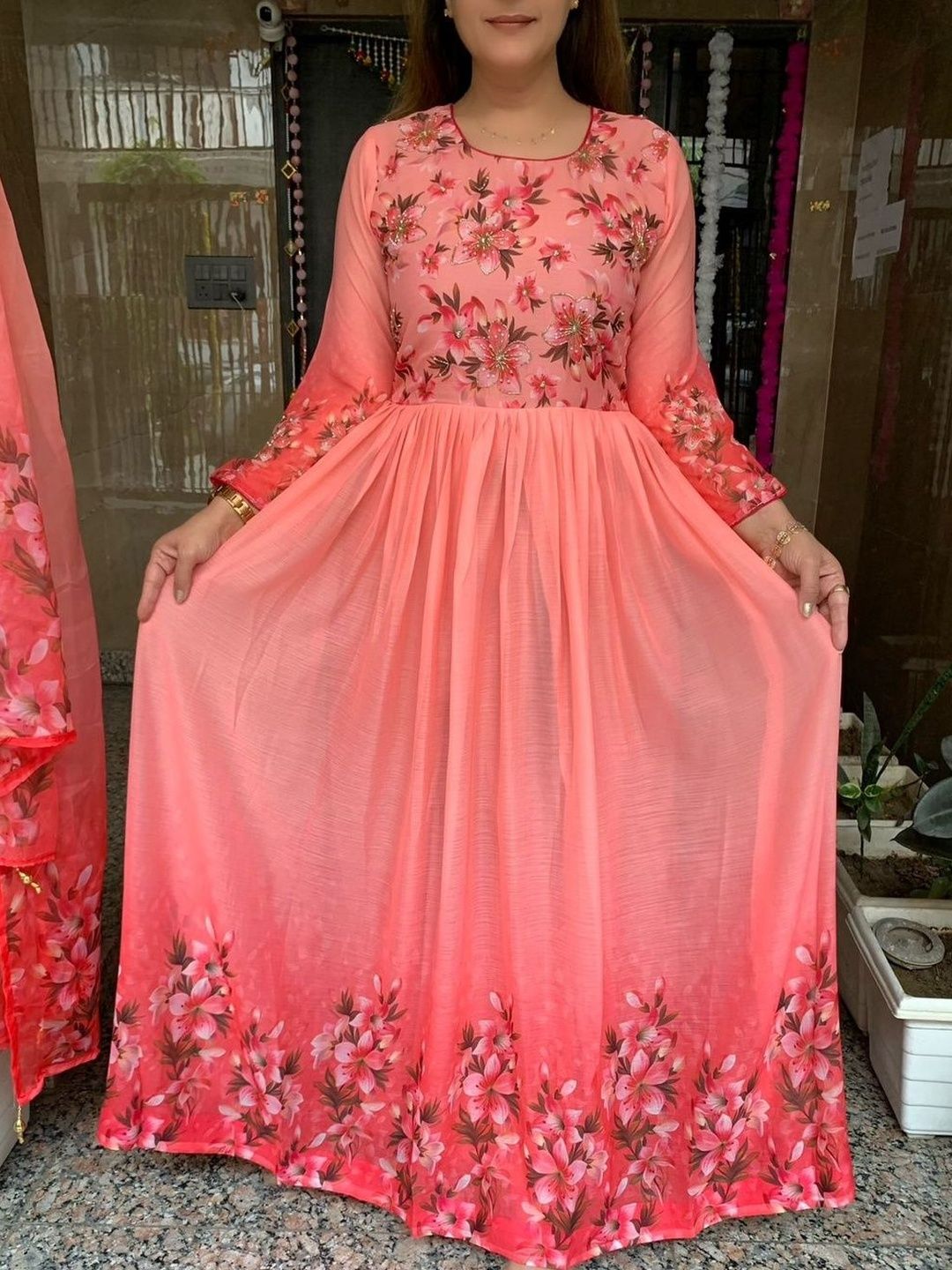 Sdc Collections Floral Printed Pure Chiffon Angrakha Anarkali Kurti-picture-38