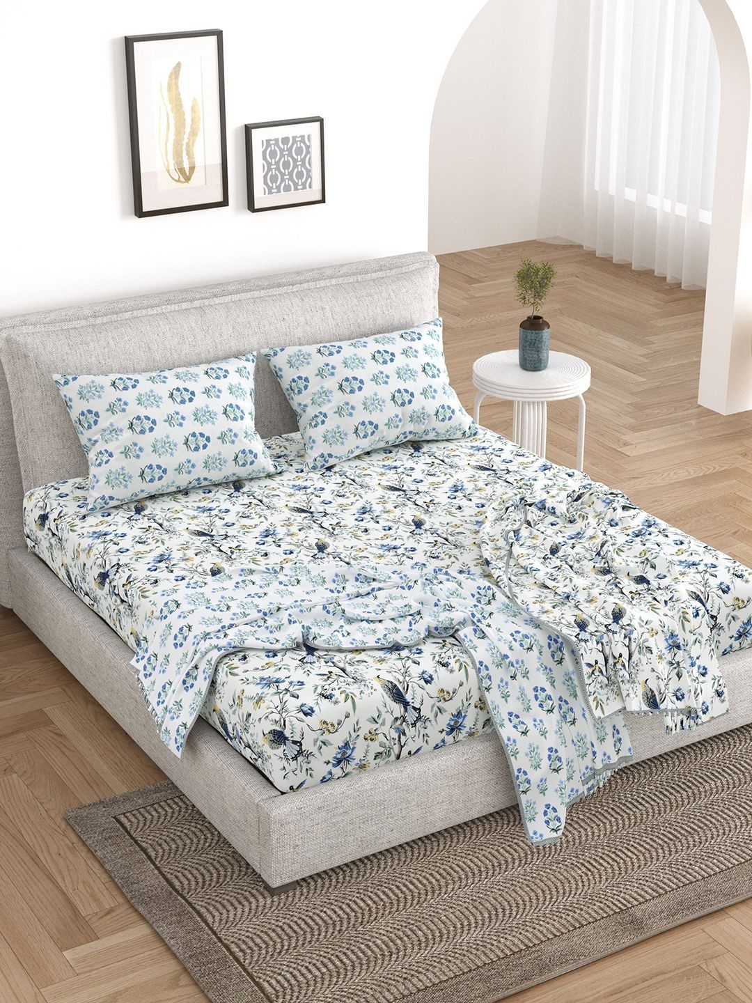 BELLA CASA Blue & White Ethnic Motifs Cotton 5 Piece Double King Superfine Bedding Set-image-26