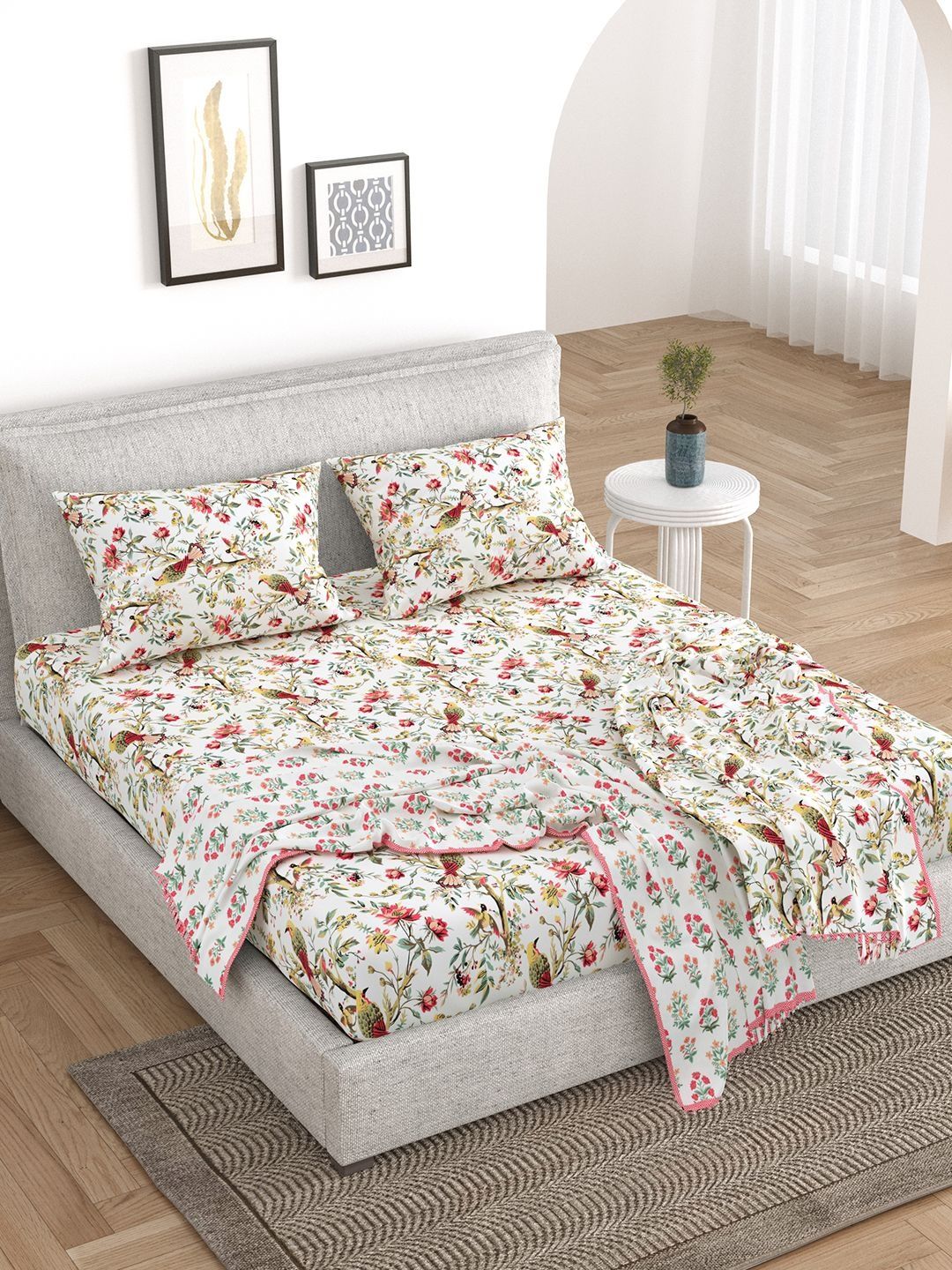 BELLA CASA White & Red Floral Cotton 5 Piece Double King Superfine Bedding Set-picture-47