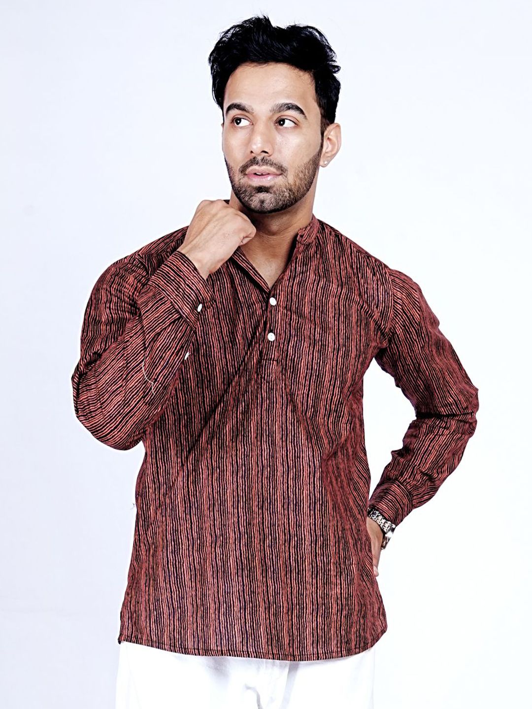 Anouk Rustic Men Striped Flared Sleeves Thread Work Kurta-picture-14
