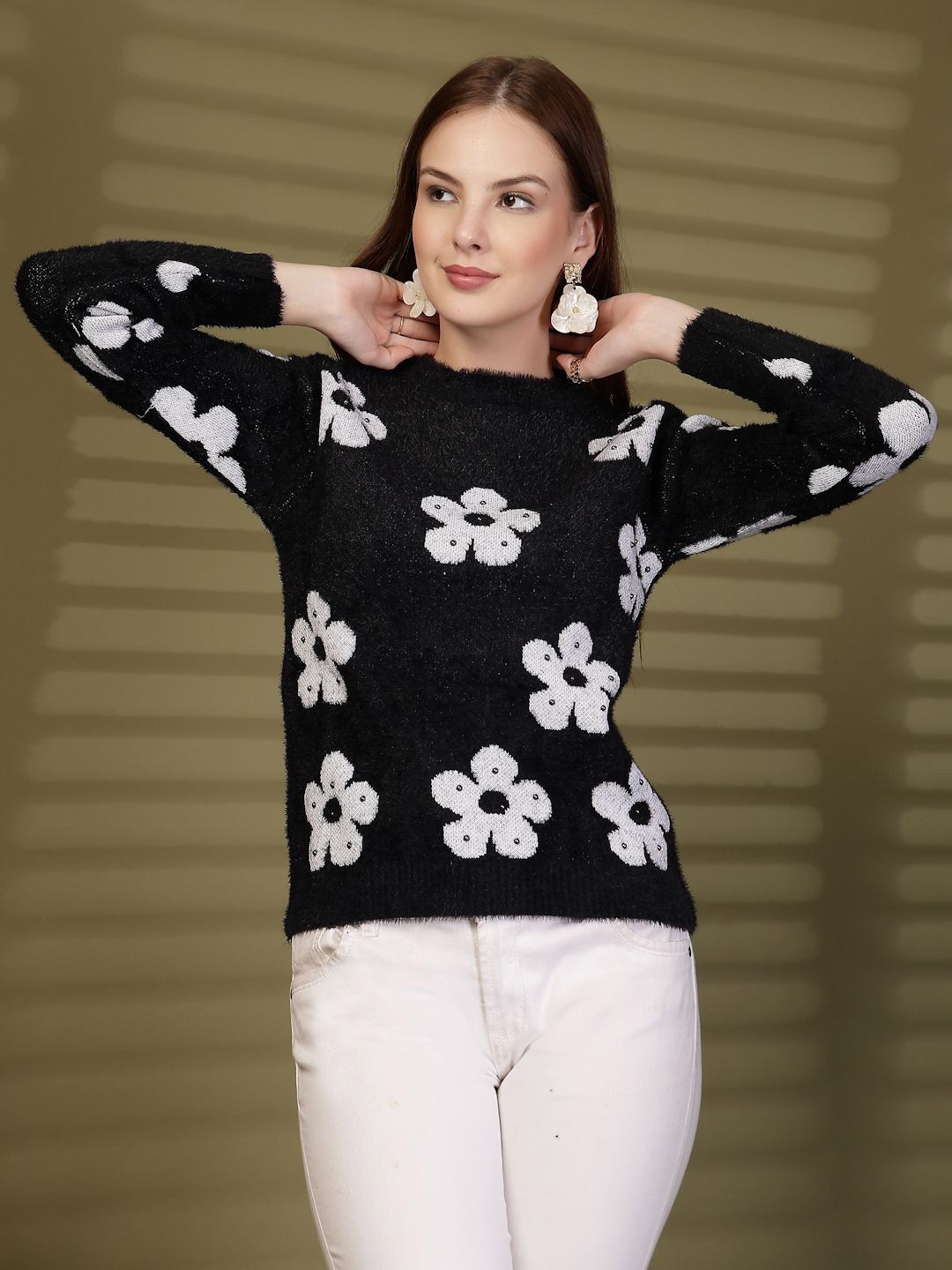 all about you Women Floral Printed Woollen Pullover with Applique Detail-picture-27