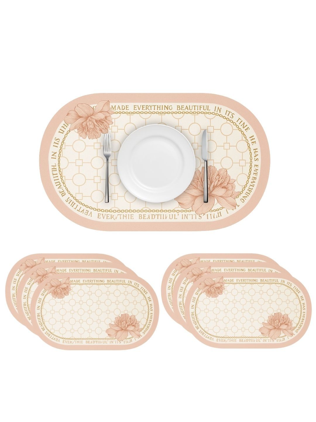 Myntra Elegant Homes 6Pcs Peach-Colored & White Printed Leather Table Placemats-picture-26