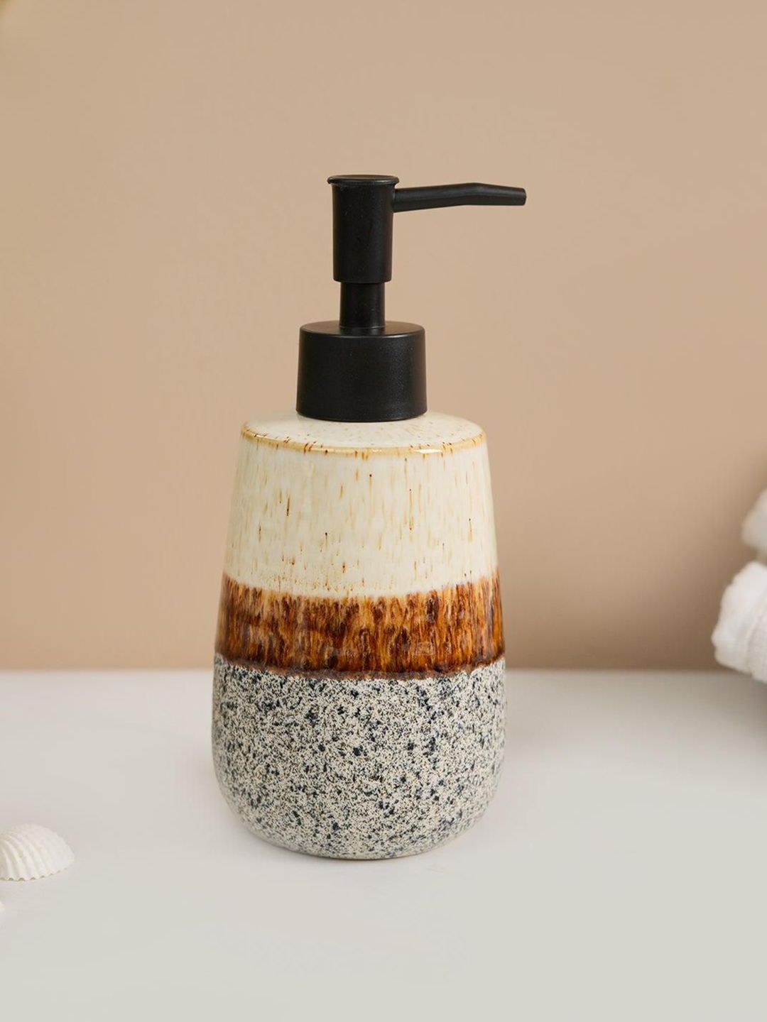 MARKET99 Off White & Brown Textured Ceramic Soap Dispenser-picture-28