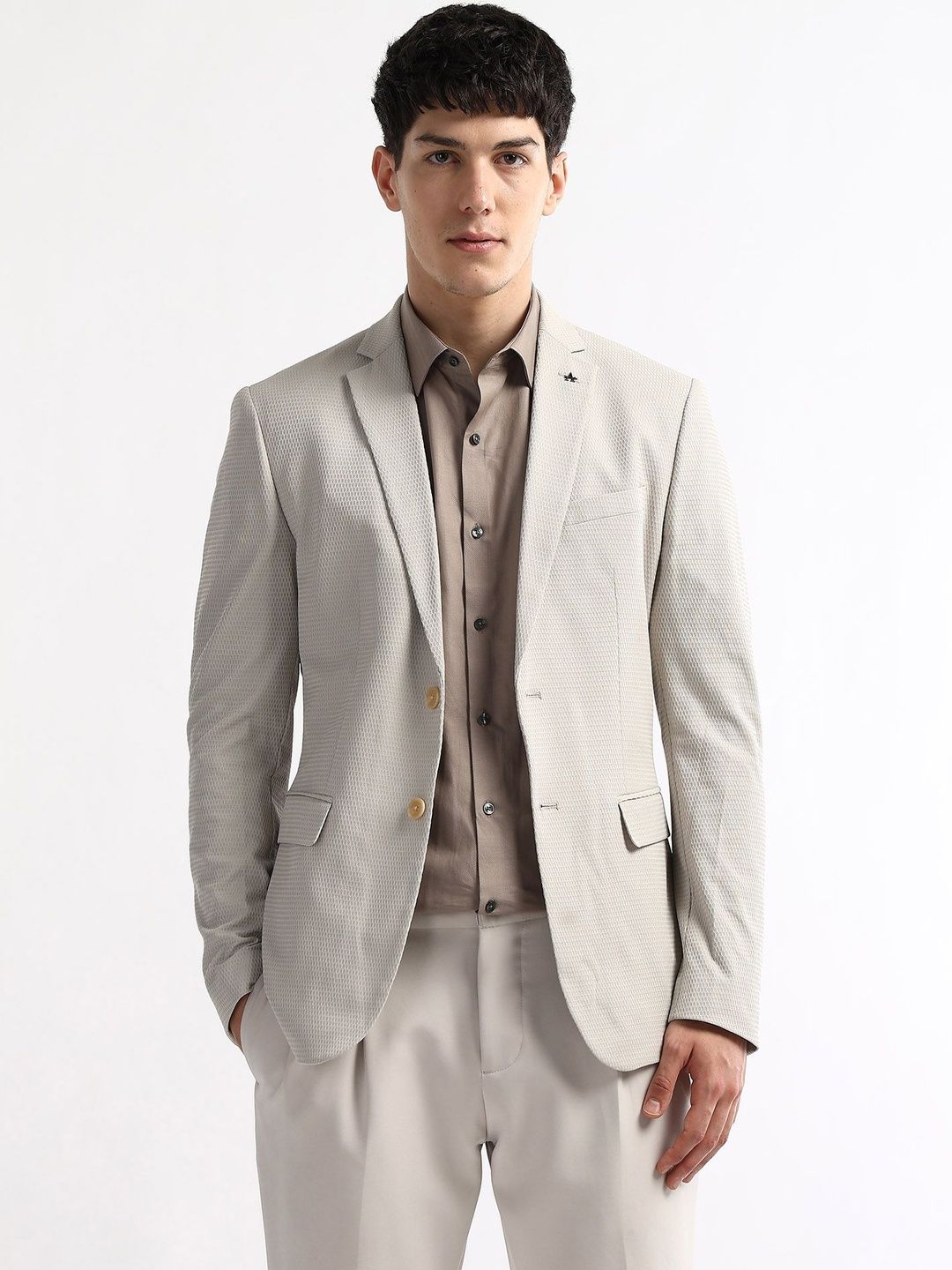 Arrow Textured Single Breasted Zero Calorie Slim Fit Blazer-picture-11