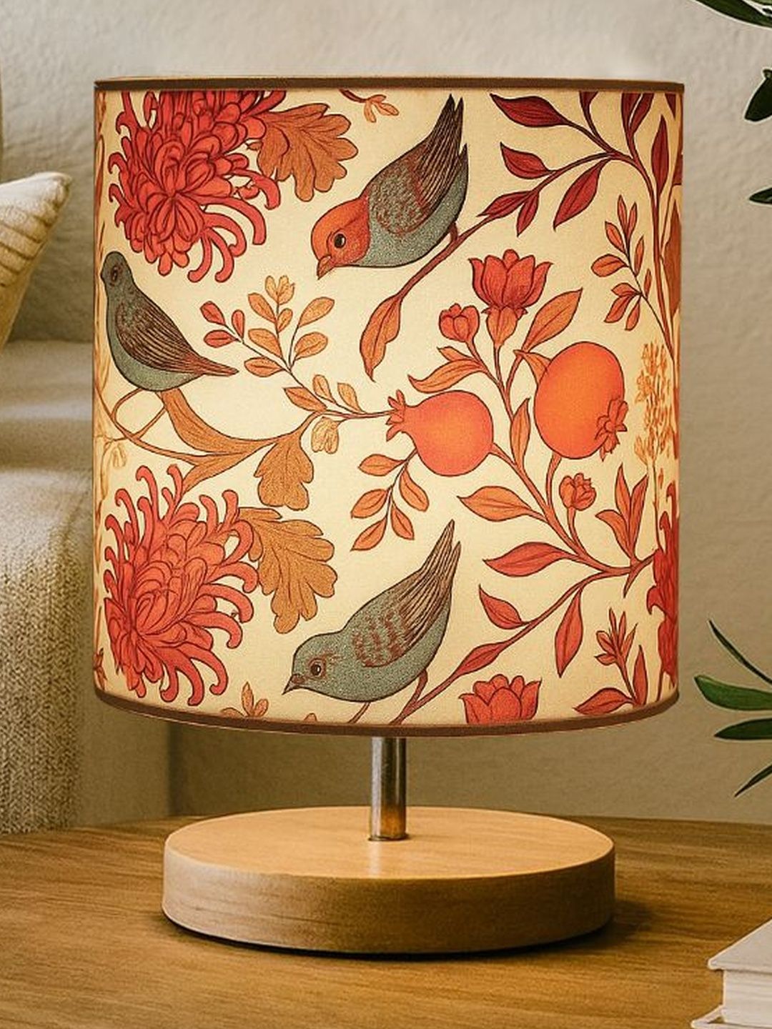 Decorcity Red Printed Wood Cylindrical Shaped Table Lamp with Bulb-image-9