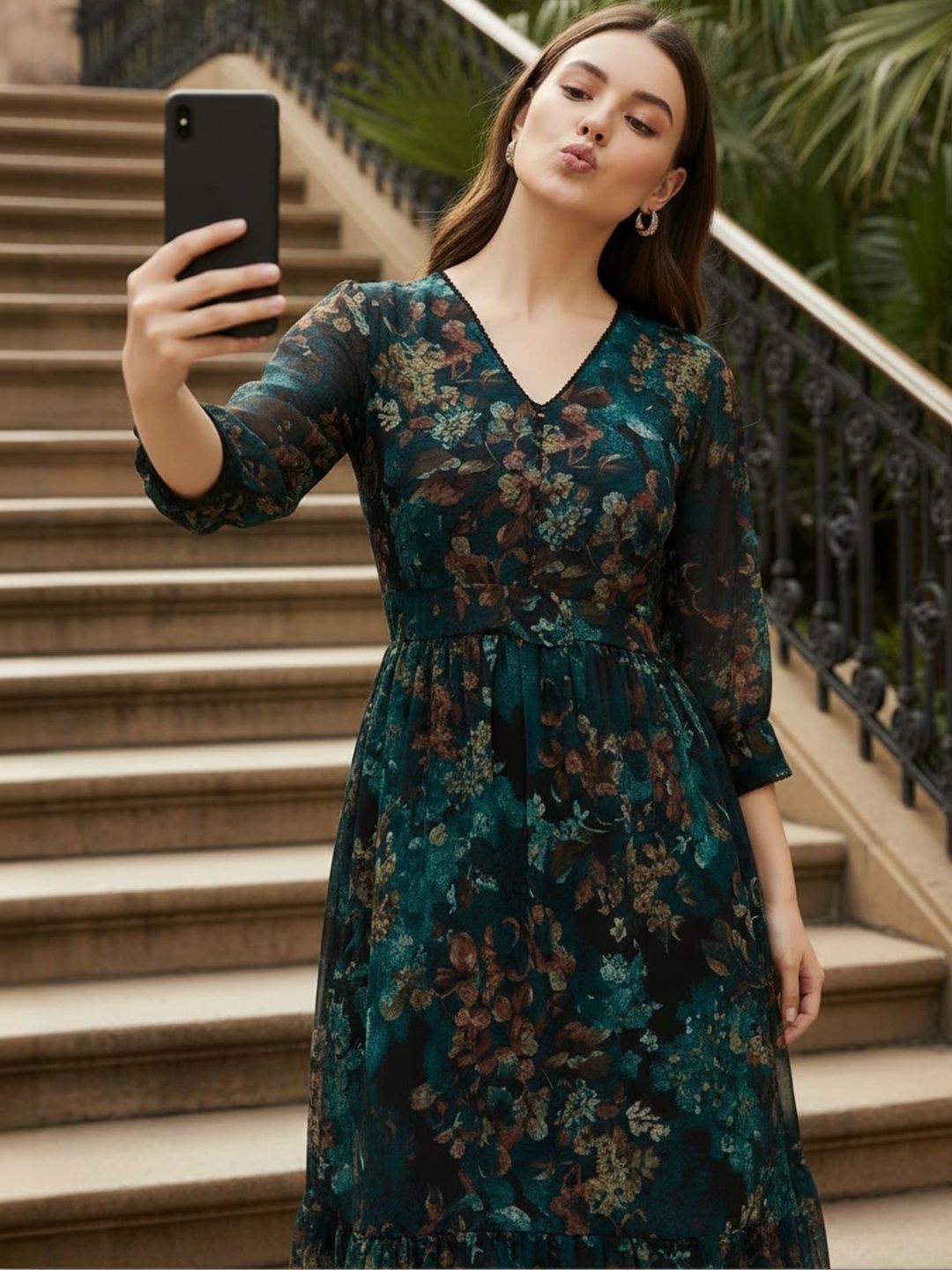 ZUMMER Floral Print Georgette Fit & Flare Midi Dress-image-5