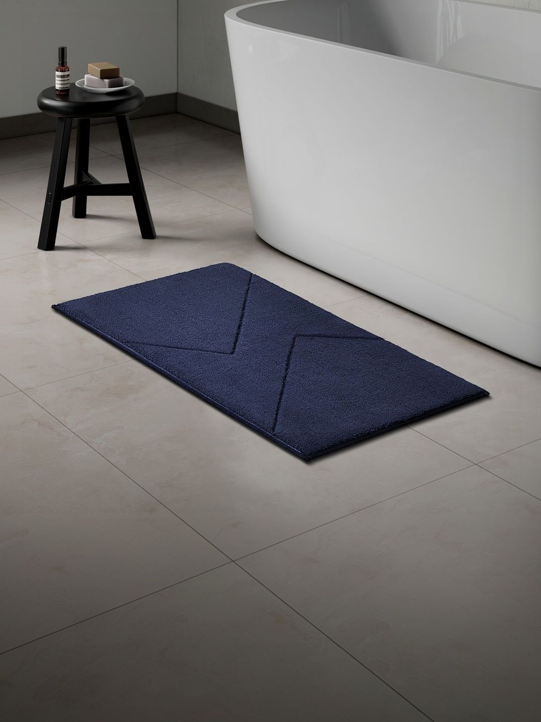 SPACES Navy Blue Anti Skid Tufted Bath Mat-image-1