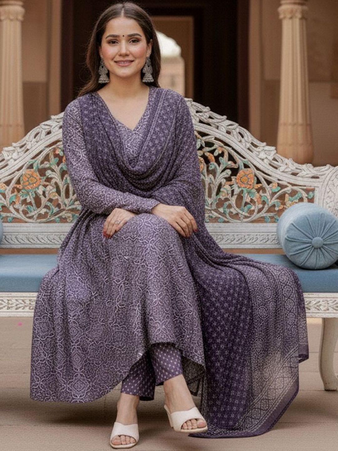 ARADHNA Women Ethnic Motifs Printed Empire Kurta with Trousers & With Dupatta-picture-26
