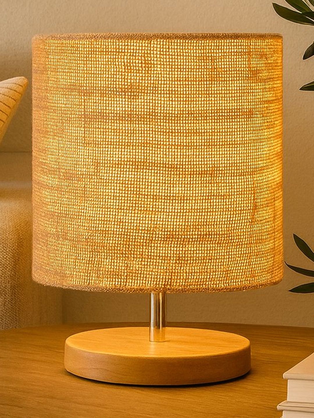 Decorcity Brown Textured Wood Cylindrical Shaped Table Lamp with Bulb-picture-32