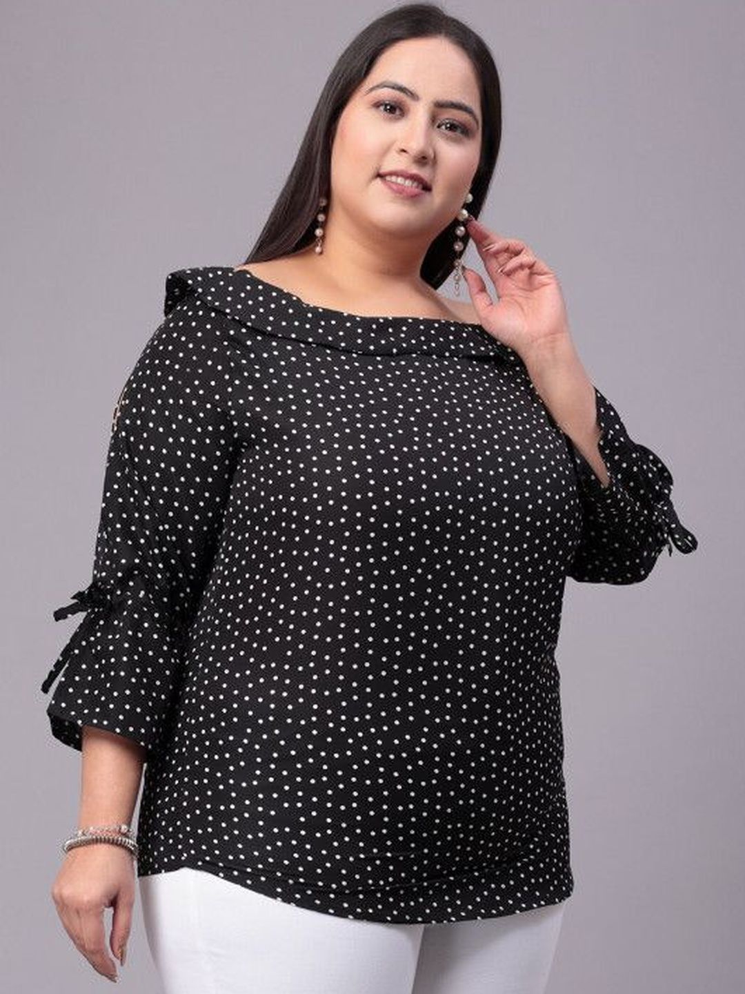 Style Quotient Plus Polka Dot Print Off-Shoulder Flared Sleeve Ruffles Crepe Bardot Top-image-45