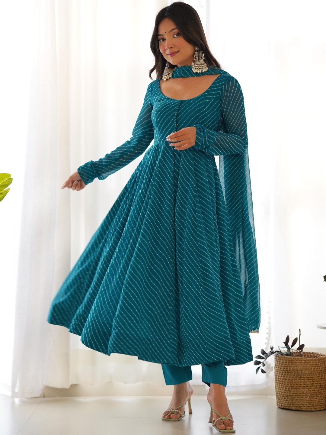 VASTRABELLA Women Leheriya Printed Panelled Kurta with Trousers & With Dupatta-picture-37