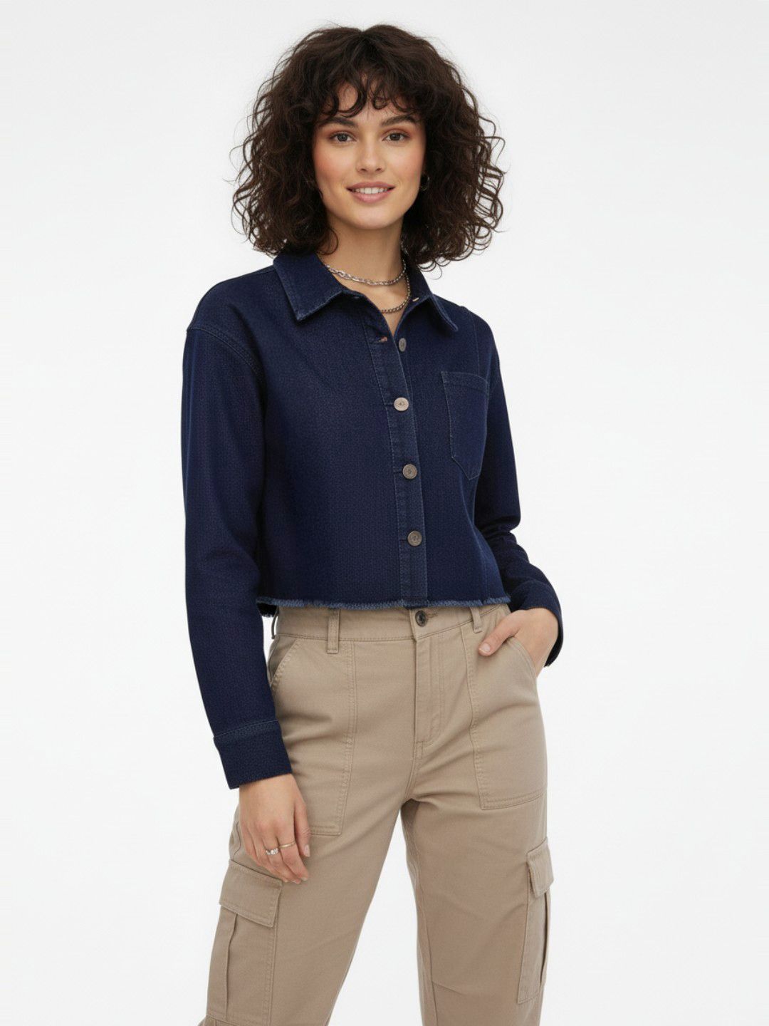 glitchez Crop Denim Jacket with Frayed Hem-picture-18