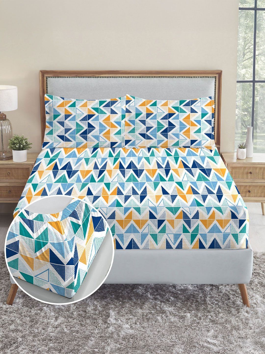 MYTRIDENT White Geometric 144 TC King Bedsheet with 2 Pillow Covers-picture-50
