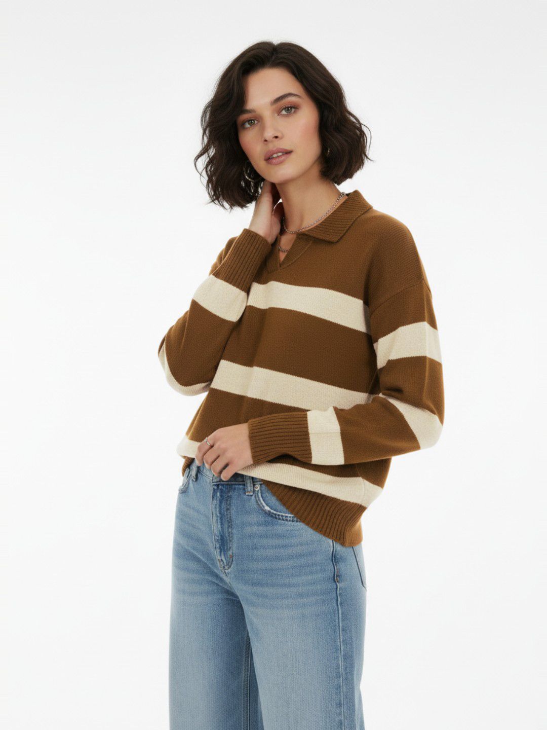 glitchez Self Striped Polo Collar Oversized Pullover-picture-45