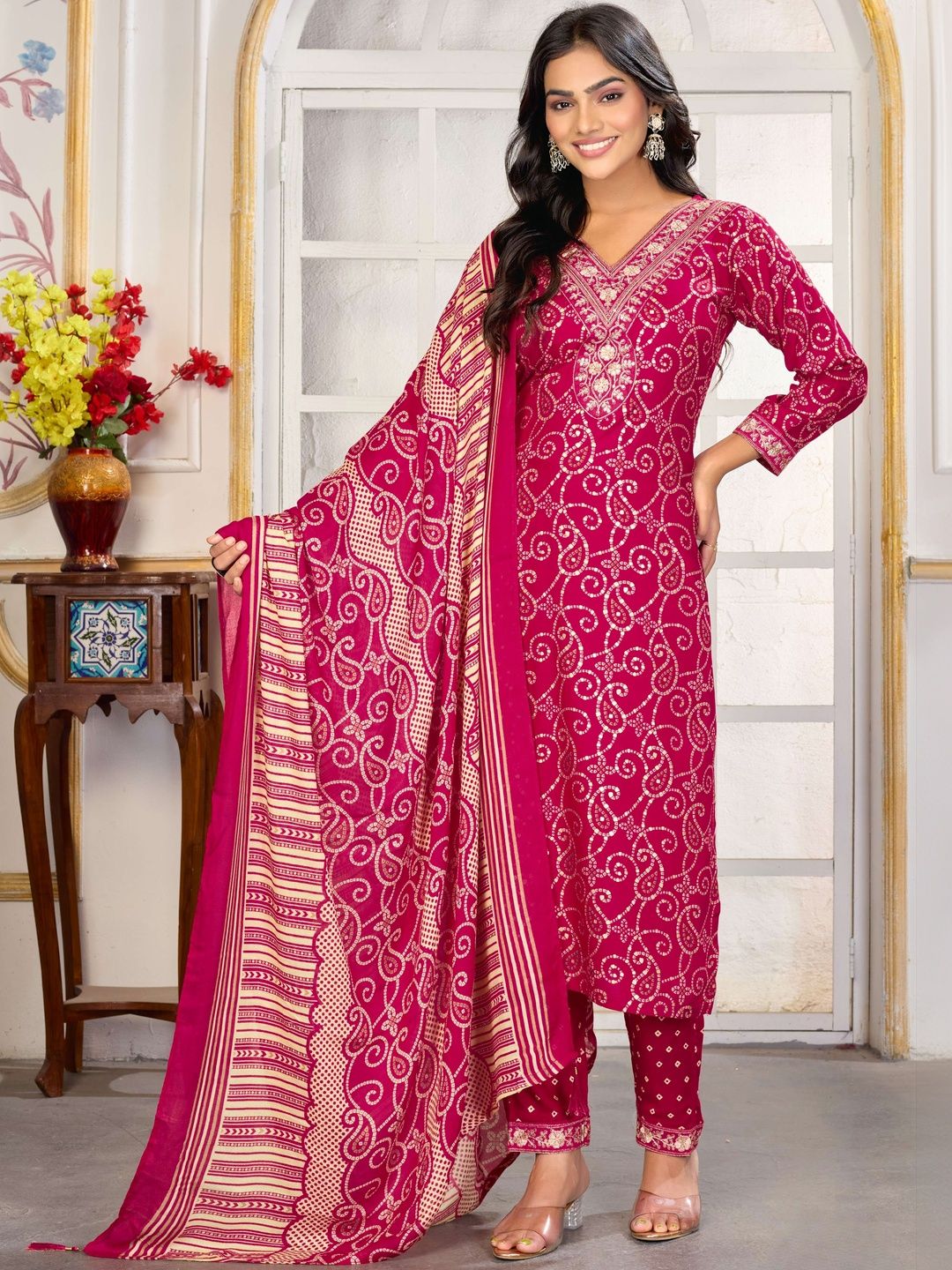 Moda Rapido Women Ethnic Motifs Printed Regular Thread Work Kurta with Trousers & With Dupatta-image-23