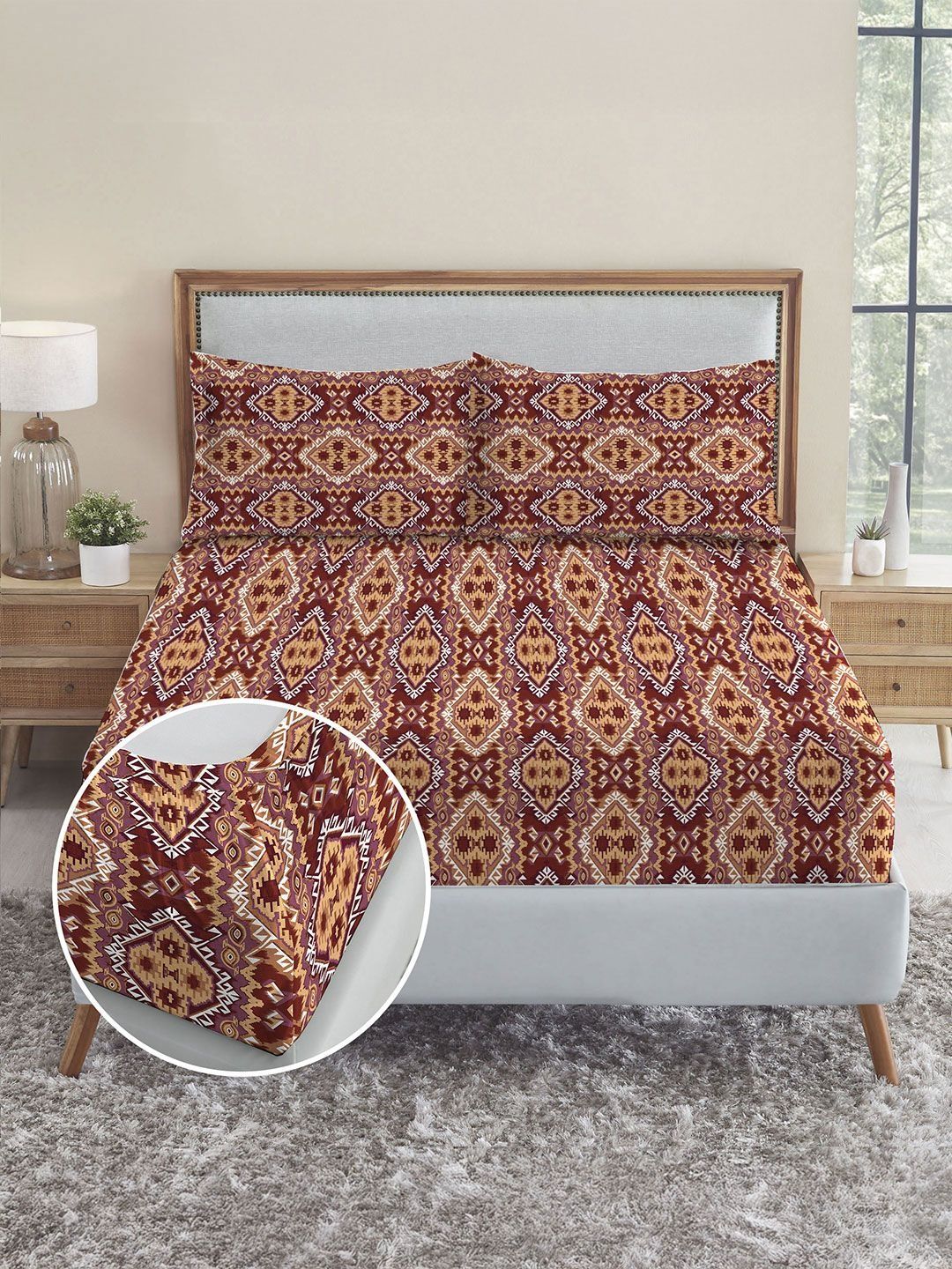 MYTRIDENT Red Ethnic Motifs 144 TC King Bedsheet with 2 Pillow Covers-image-10