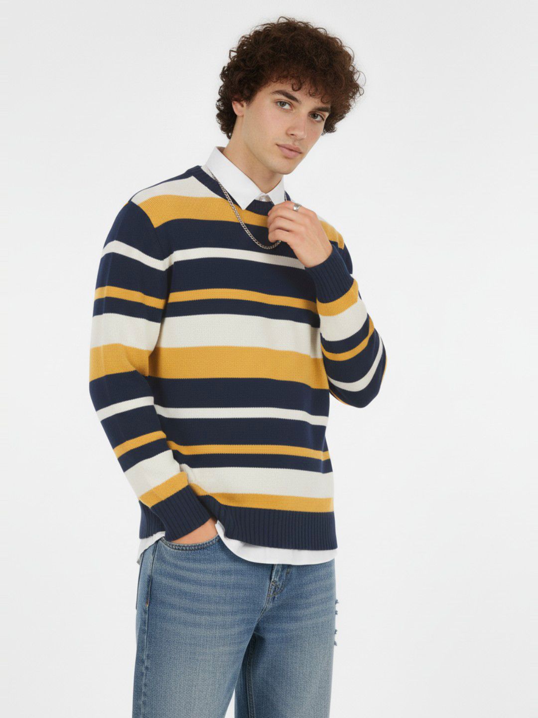 glitchez Pure Cotton Shirt Collar Striped Pullover-picture-51