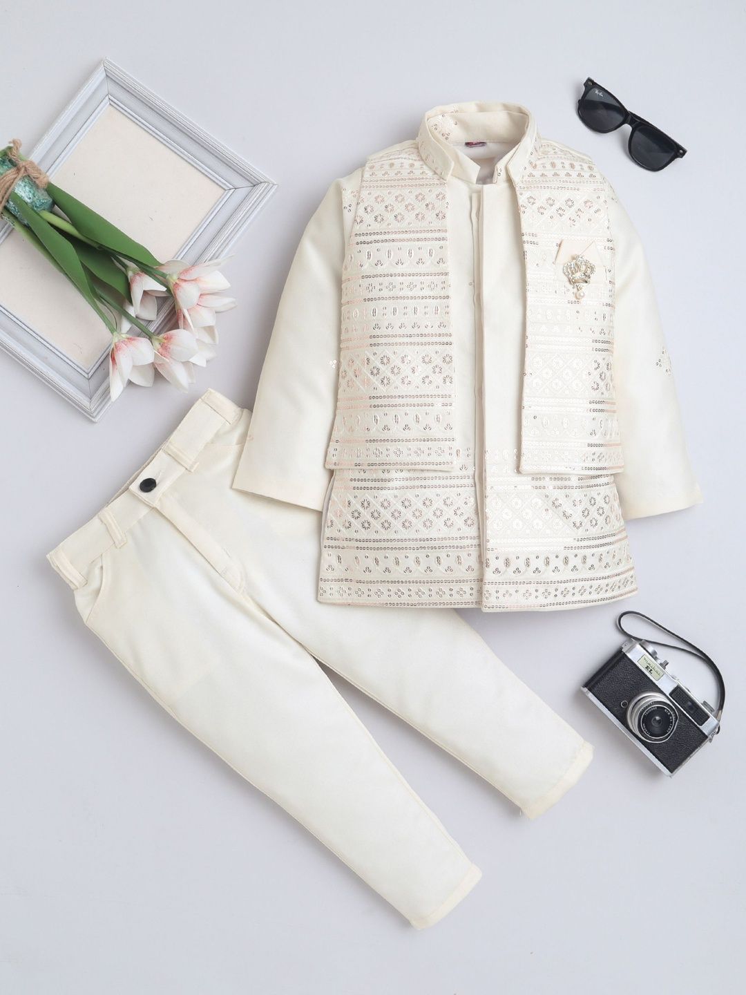 FOURFOLDS Boys Sequined Embroidered Mandarin Collar Sherwani & Trouser Set-image-49