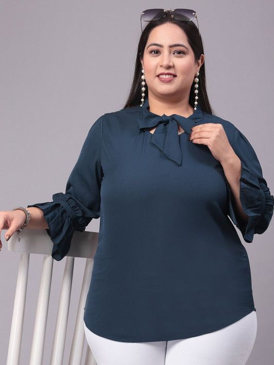 Style Quotient Plus Tie-Up Neck Flared Sleeve Ruffles Crepe Top-picture-31