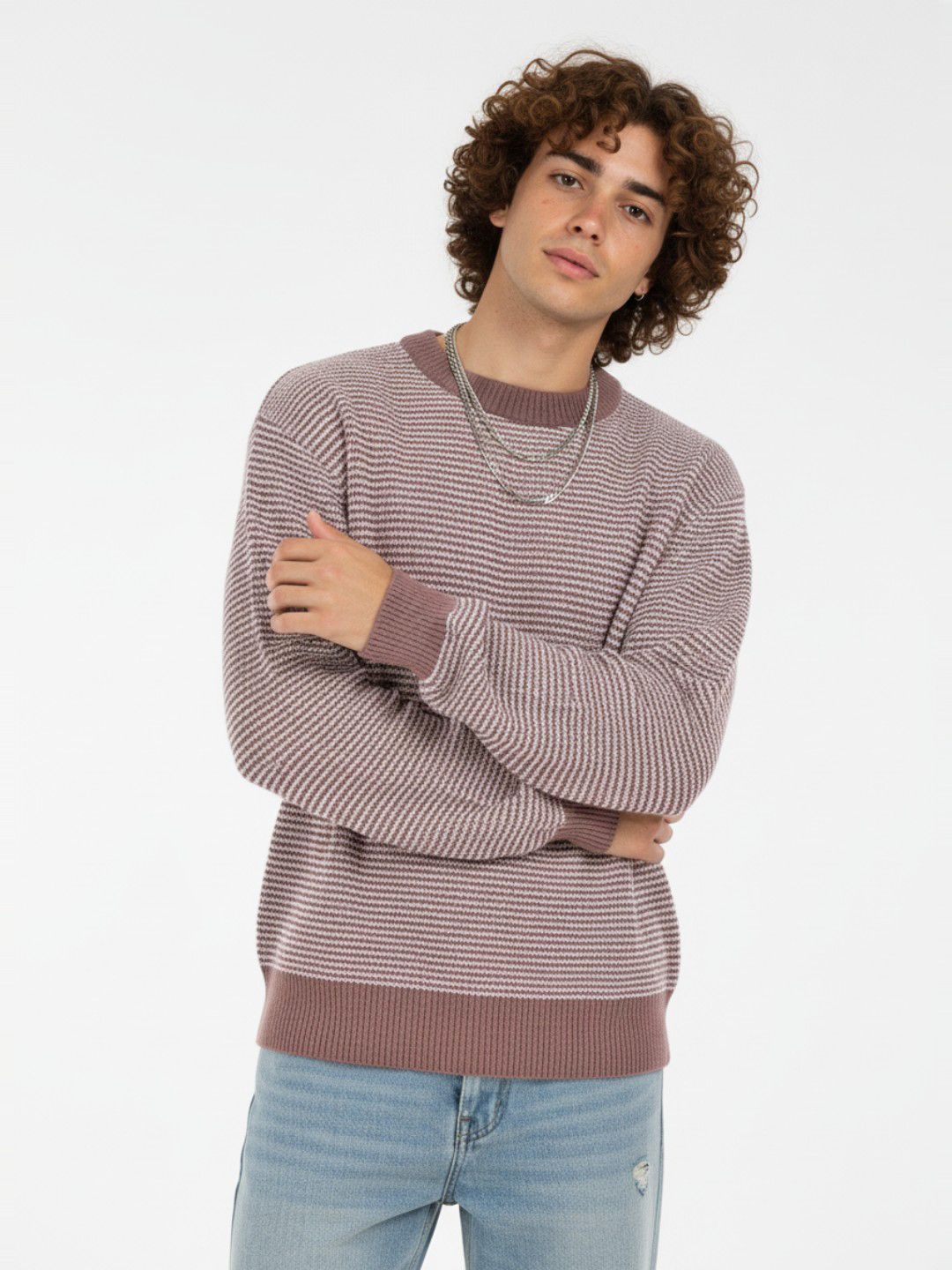 glitchez Self Striped Round Neck Oversized Pullover-picture-50