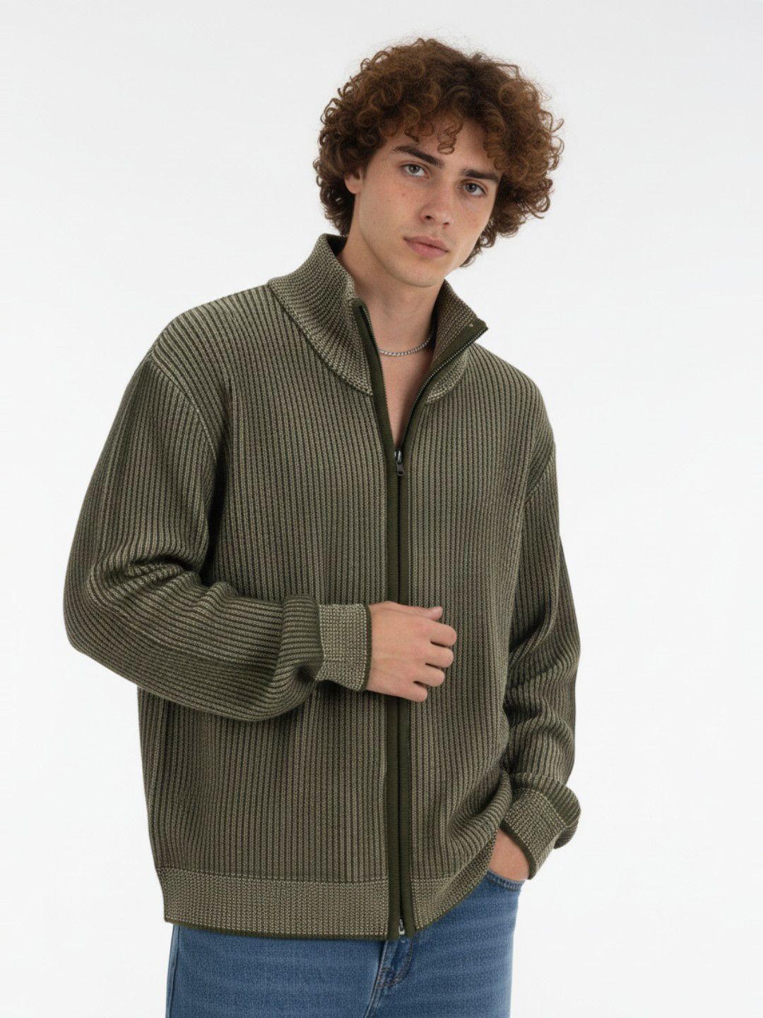 glitchez Self Striped Mock Collar Front-Open Sweater-picture-39