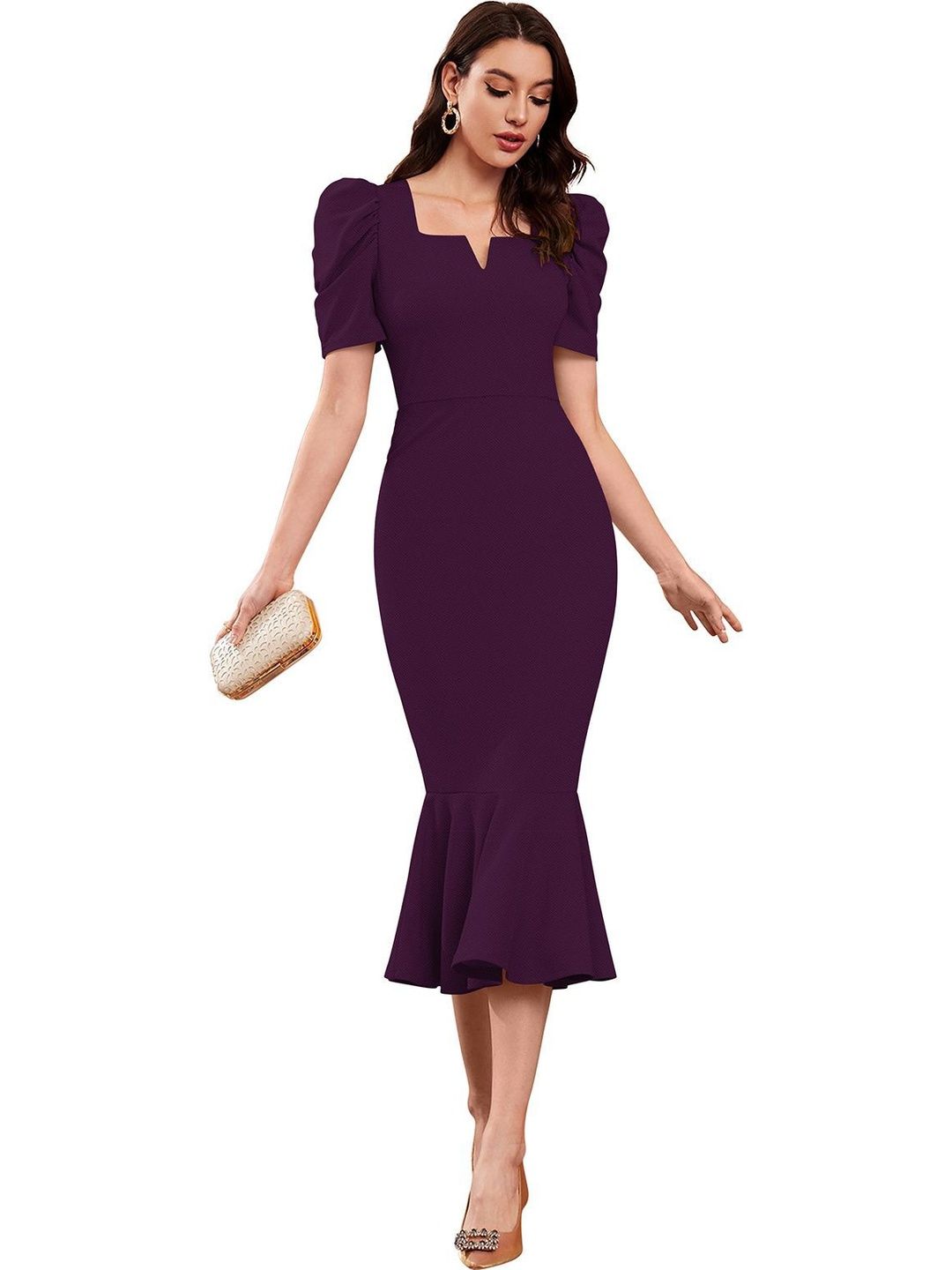 TESSAVEGAS Puff Sleeve Sheath Midi Dress-picture-31