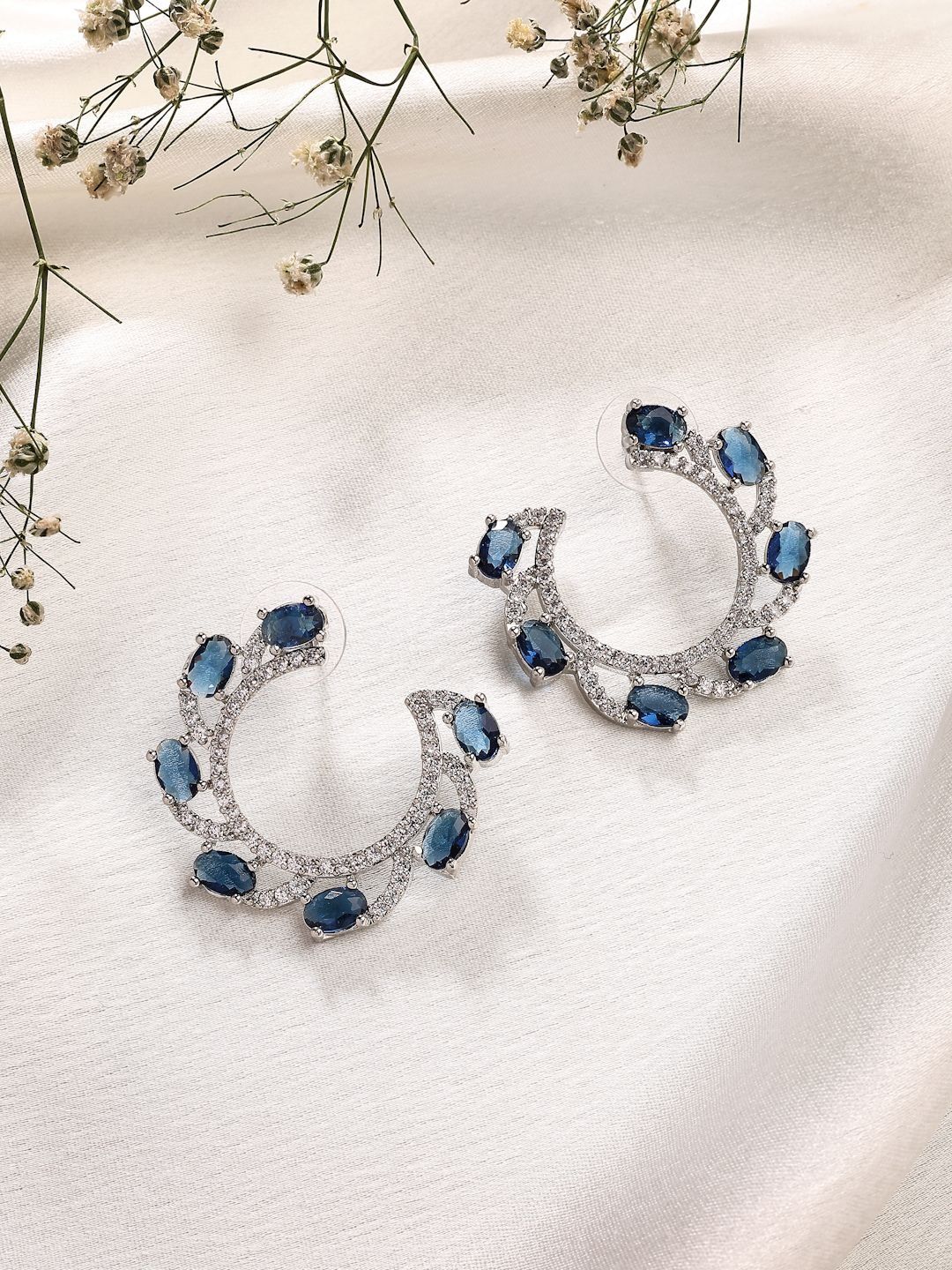 ZENEME Rhodium Plated American Diamond Studded Contemporary Half Hoop Earrings-picture-25