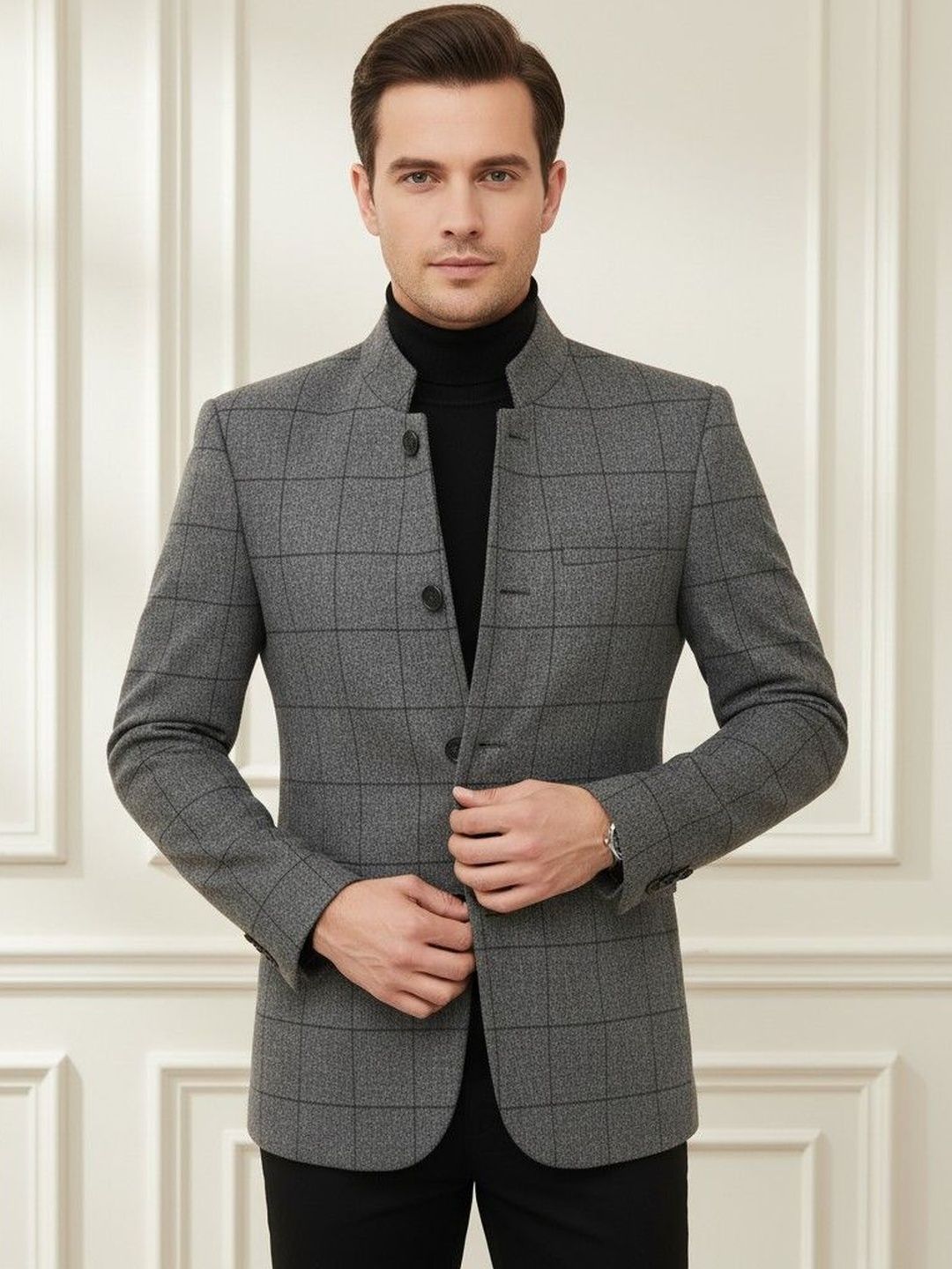 INVICTUS Checked Notched Lapel Long Sleeves Single Breasted Blazer