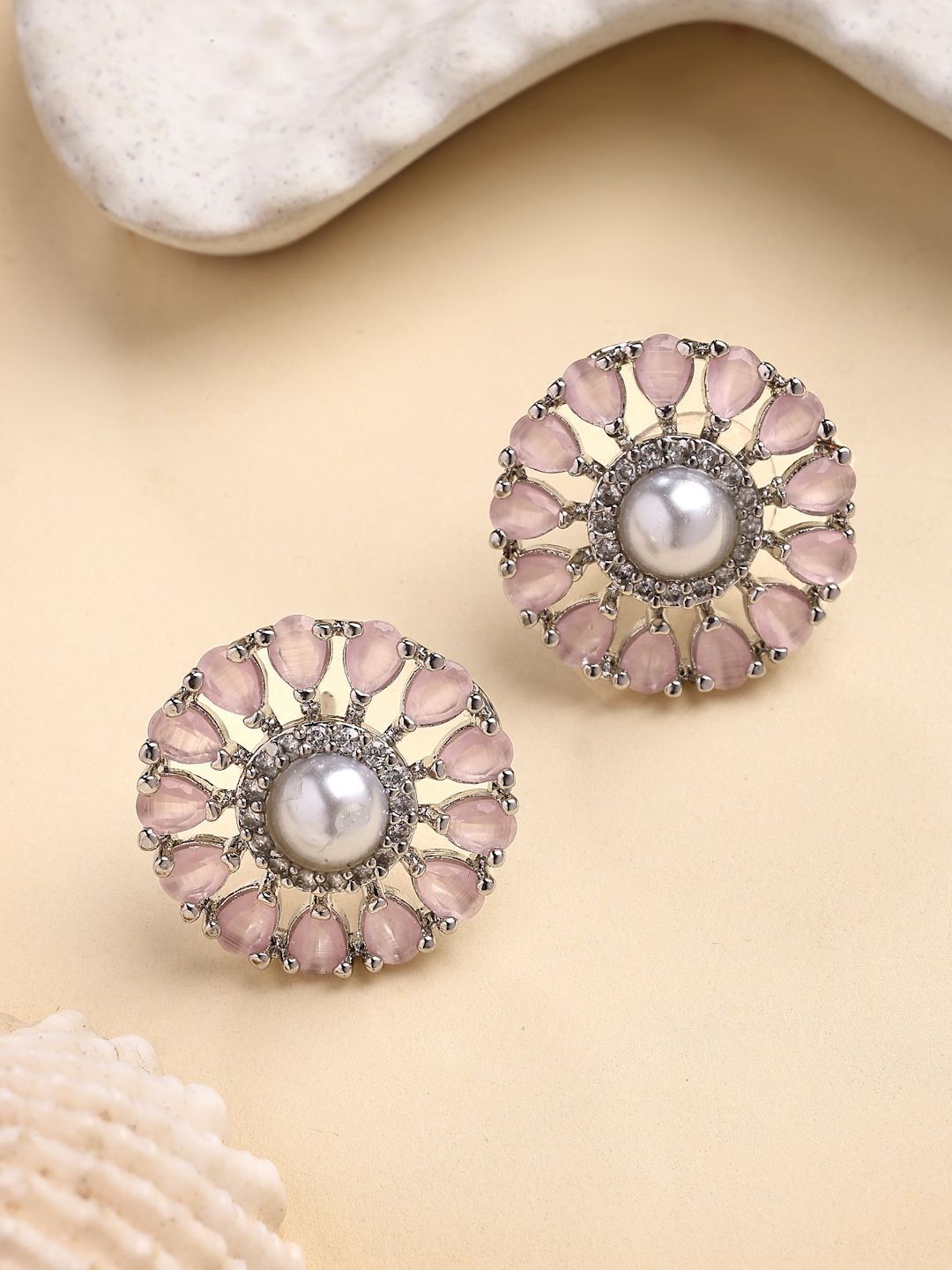 ZENEME Rhodium Plated American Diamond Studded Floral Shaped Studs-picture-48