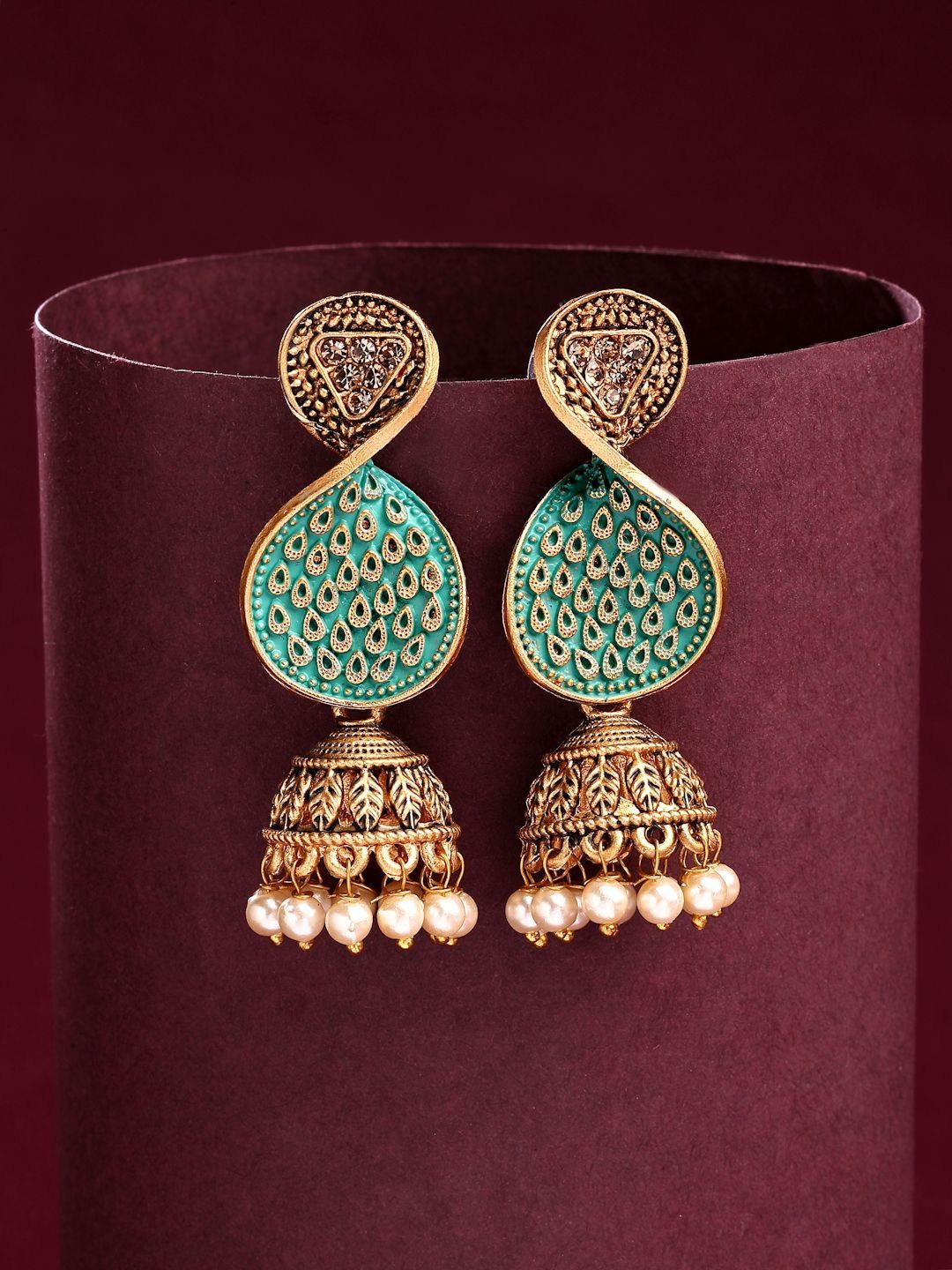 ZENEME Gold Plated Pearls Beaded Dome Shaped Jhumka-picture-39