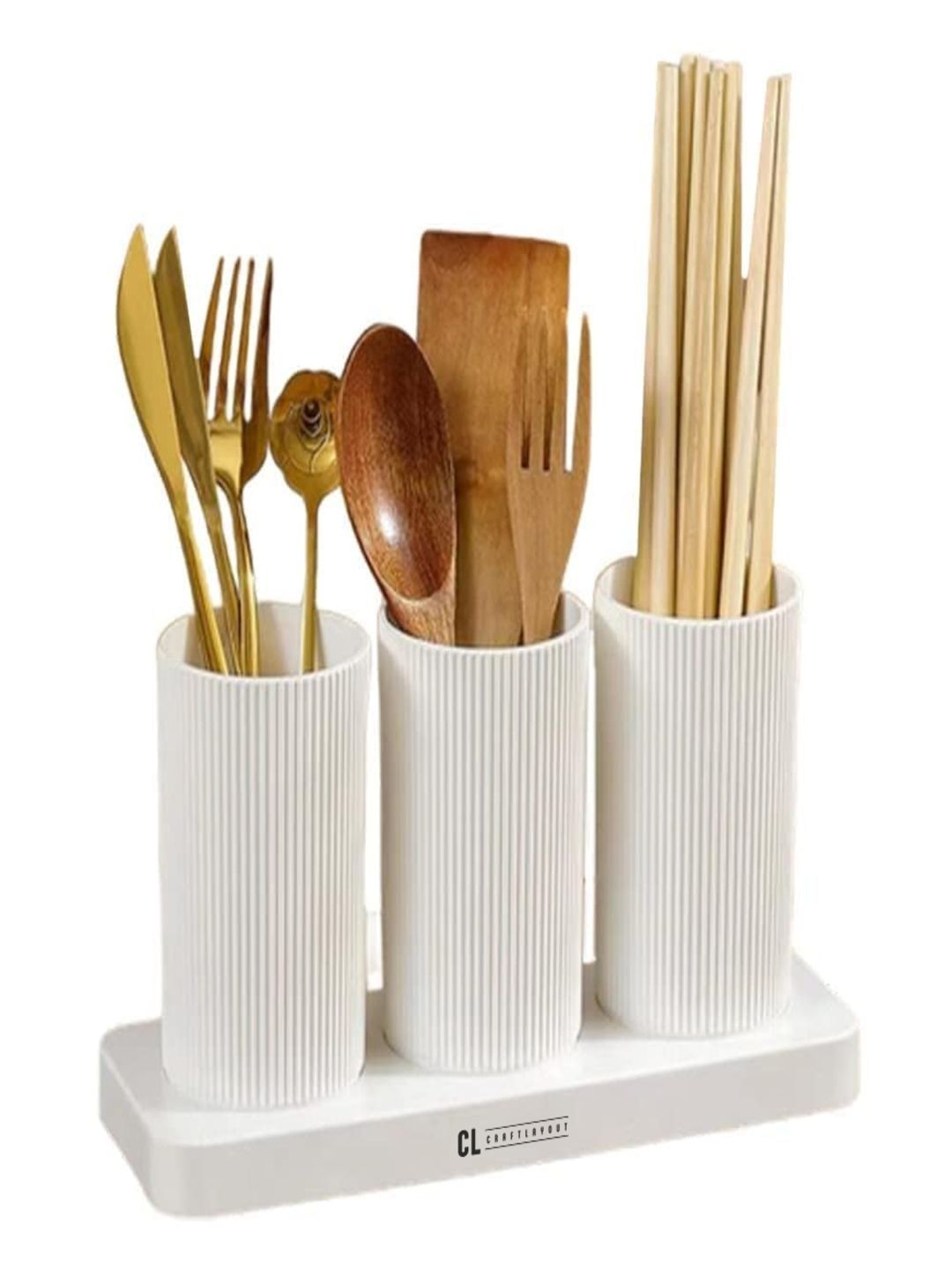 Craftlayout White Plastic Cutlery Holder 3 Compartment with Rack-picture-26