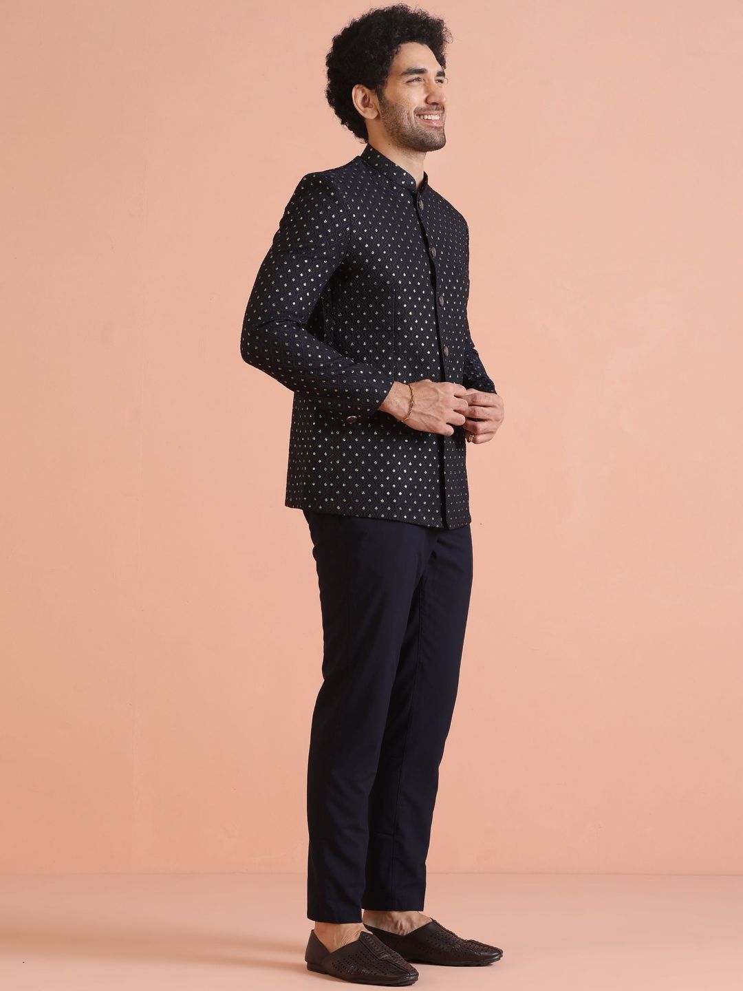 KISAH Woven Design Jodhpuri Bandhgala Trouser Set